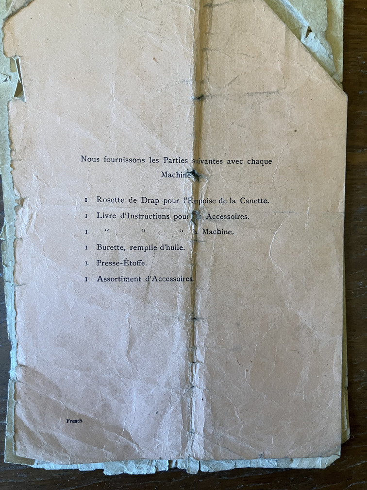 List of parts furnished with each machine